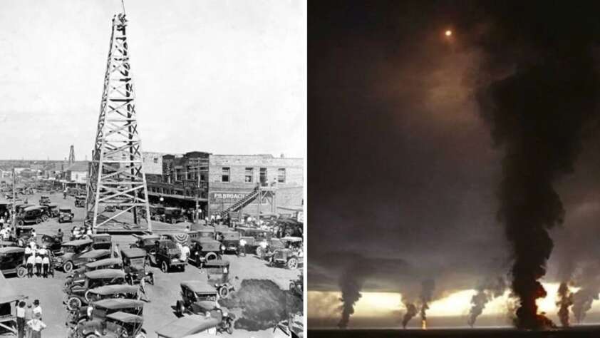 Left: A black-and-white photo of an early 20th-century oil derrick surrounded by numerous vintage cars and people. Right: A dramatic scene of large plumes of smoke rising against a dark sky, likely from oil fires.