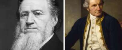 Two historical portraits: Left, a man with a long white beard in a black and white image. Right, a man in 18th-century naval attire gazing to the side in a color painting.