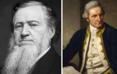 Two historical portraits: Left, a man with a long white beard in a black and white image. Right, a man in 18th-century naval attire gazing to the side in a color painting.