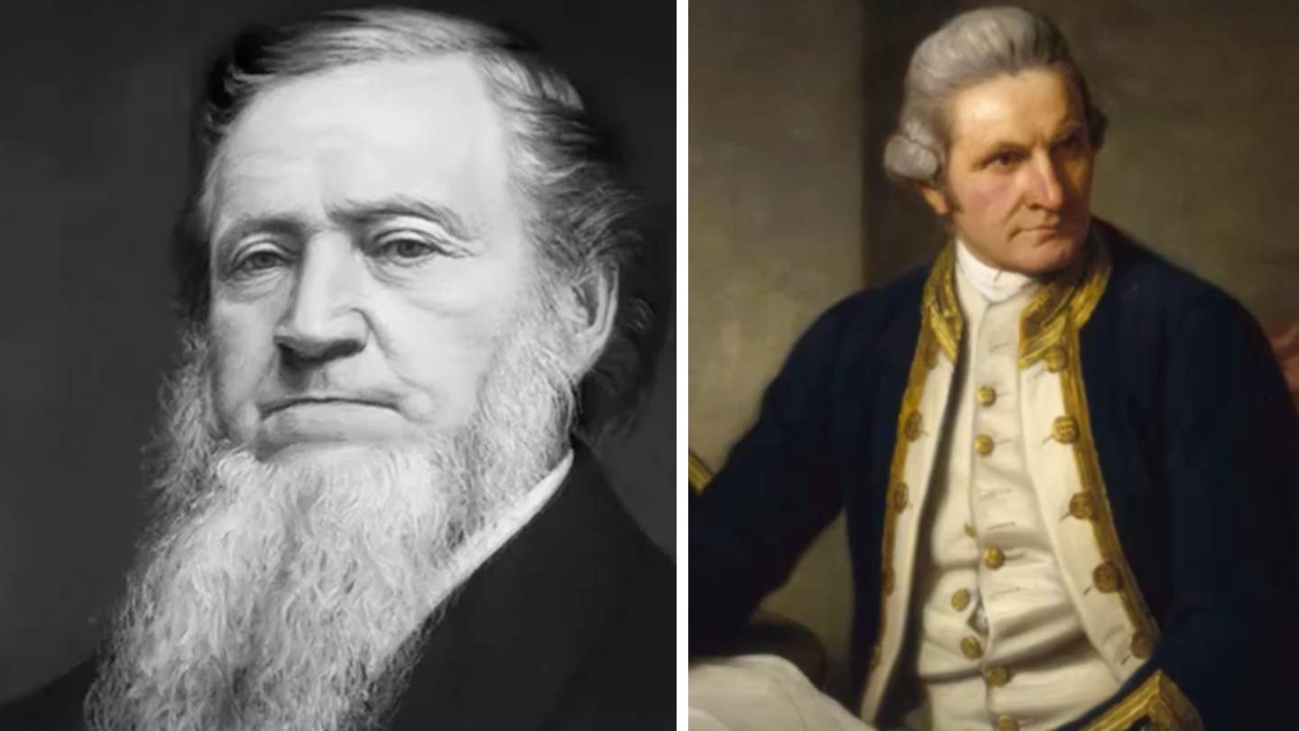 Two historical portraits: Left, a man with a long white beard in a black and white image. Right, a man in 18th-century naval attire gazing to the side in a color painting.