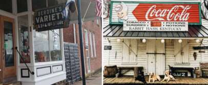 Left side: Exterior of "Berdine's Variety" store with American flags, brick facade, and windows displaying various items. Right side: "Rabbit Hash General Store" with a vintage Coca-Cola sign and two dogs sitting on a wooden porch.