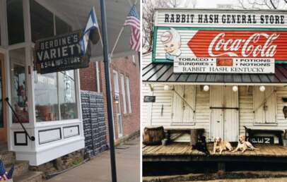 Left side: Exterior of "Berdine's Variety" store with American flags, brick facade, and windows displaying various items. Right side: "Rabbit Hash General Store" with a vintage Coca-Cola sign and two dogs sitting on a wooden porch.