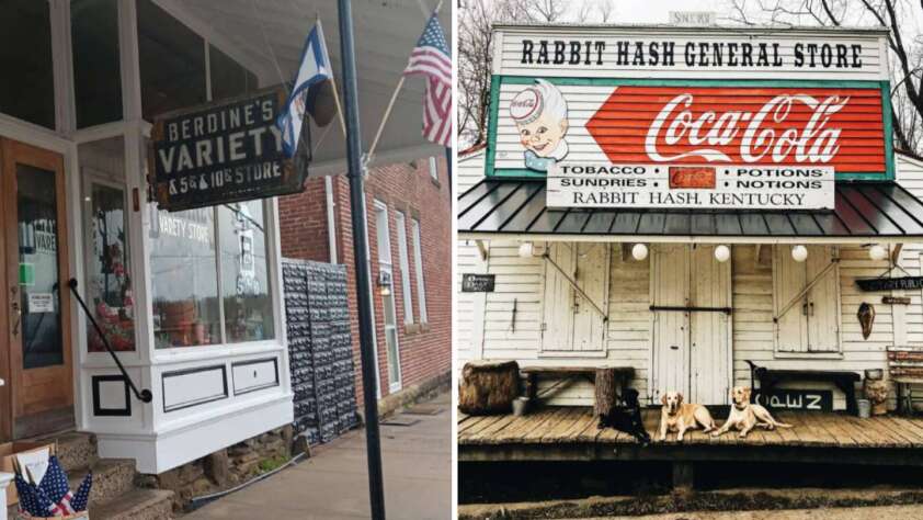 Left side: Exterior of "Berdine's Variety" store with American flags, brick facade, and windows displaying various items. Right side: "Rabbit Hash General Store" with a vintage Coca-Cola sign and two dogs sitting on a wooden porch.