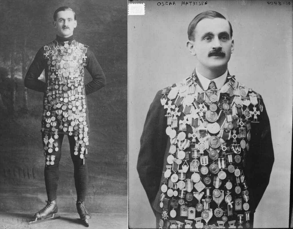 Two black-and-white photos of a man wearing ice skates and covered in numerous medals. The left image shows him standing with hands on hips, and the right image is a closer view of his upper body. He has a mustache and is dressed in dark clothing.