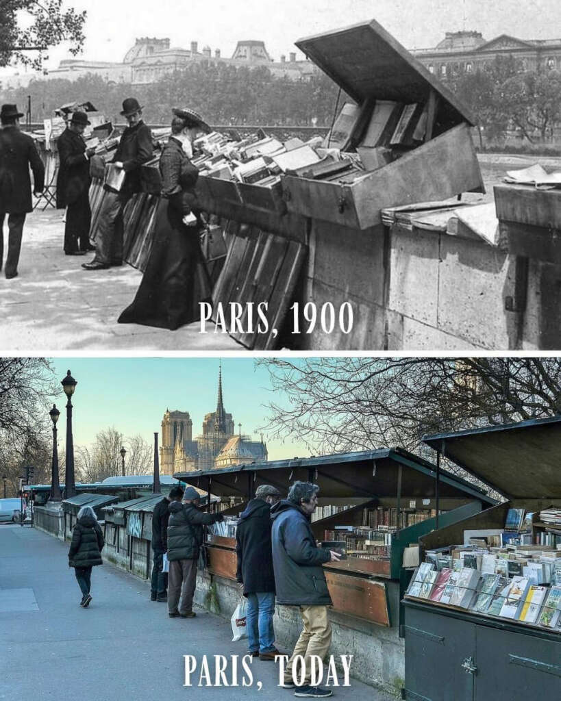 Top: A black and white photo of people browsing books along the Seine in Paris, 1900. Bottom: A modern color photo of people looking at booksellers' stalls beside the Seine, with Notre-Dame in the background, labeled "Paris, Today.