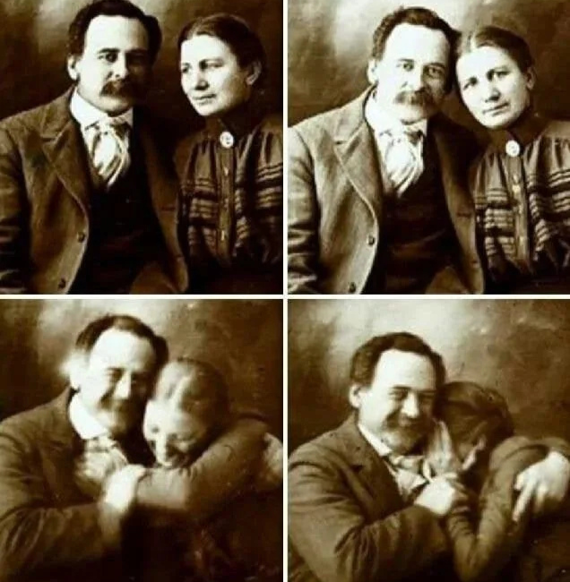 Four sepia-toned photos show a couple sitting closely. The top two images capture the couple smiling softly at the camera, while the bottom two show them laughing warmly, embracing each other, and leaning in closely in affectionate poses.