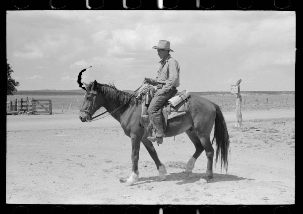 A cowboy wearing a hat rides a horse along a dirt road. The landscape is flat and open with fencing and a signpost visible in the background under a cloudy sky.