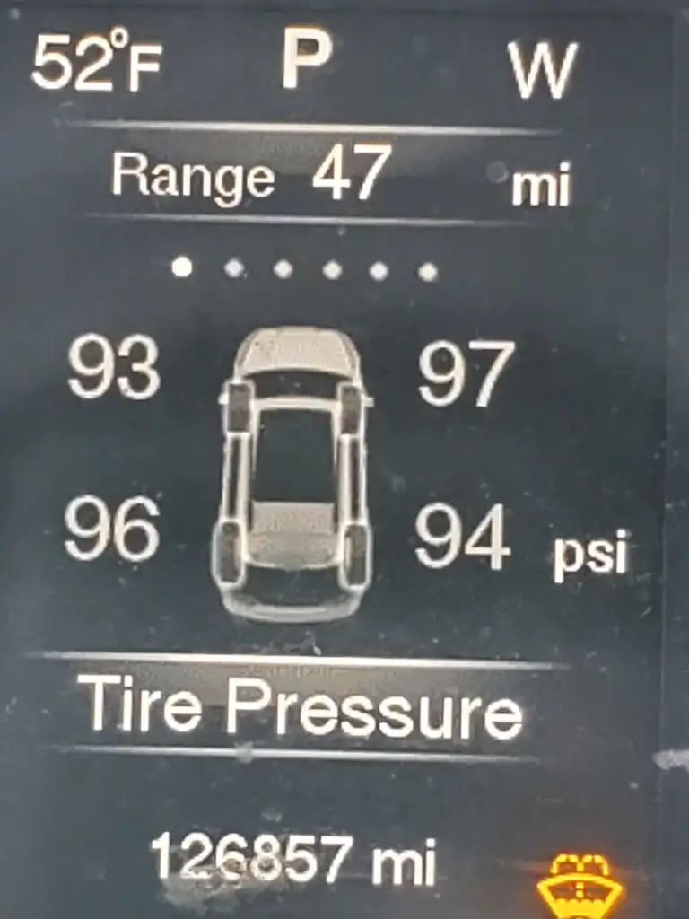 A car dashboard display shows a temperature of 52°F, the car in park mode, and a tire pressure monitoring system indicating pressures: front left 93 psi, front right 97 psi, rear left 96 psi, rear right 94 psi. Mileage reads 126857 miles.