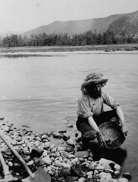 A person with a wide-brimmed hat pans for gold in a river. They are crouched near the water's edge, holding a pan. Rocks and pebbles are scattered along the riverside, and a backdrop of distant trees and mountains is visible.