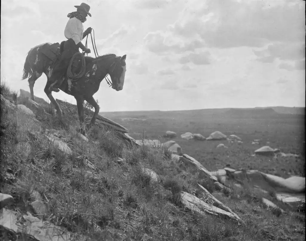 A person wearing a hat rides a horse down a rocky slope in a wide, open landscape. The sky is cloudy, and the terrain appears to be a vast plain or prairie, dotted with large rocks and sparse vegetation.