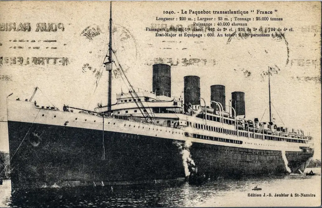 Vintage postcard of the ocean liner "France" with four smokestacks and a visible reflection on the water. It includes dimensions, tonnage, and capacity details in French text. Edges show age and postal markings.