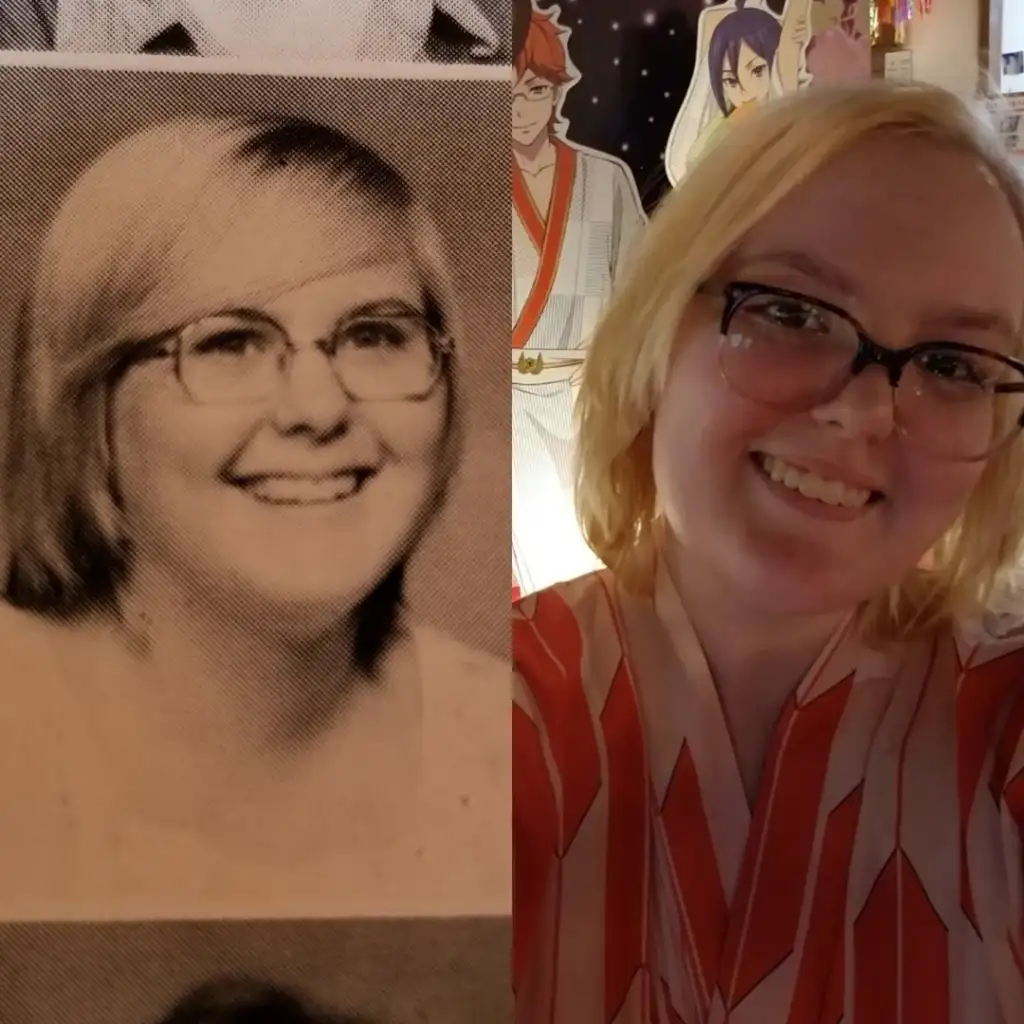 Side-by-side photos of a person with short blond hair and glasses. The left image is a black-and-white photo, while the right image is a color selfie showing them smiling in a red and white pattern top in front of anime posters.