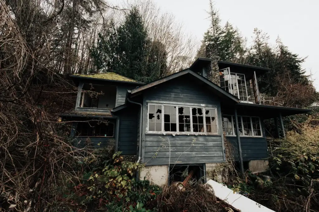 A weathered, abandoned blue house with broken windows is surrounded by overgrown vegetation. The sky is overcast, and tall trees loom in the background, adding to the scene's desolate atmosphere.