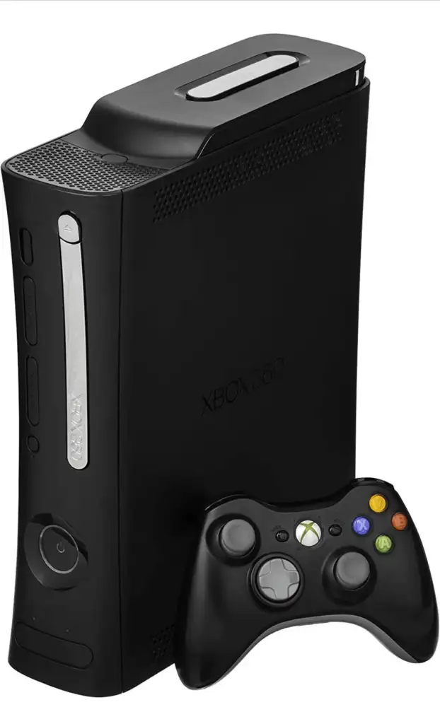 Black Xbox 360 gaming console with a wireless controller, featuring colorful buttons and a sleek design. The console is upright, and the controller is placed in front.