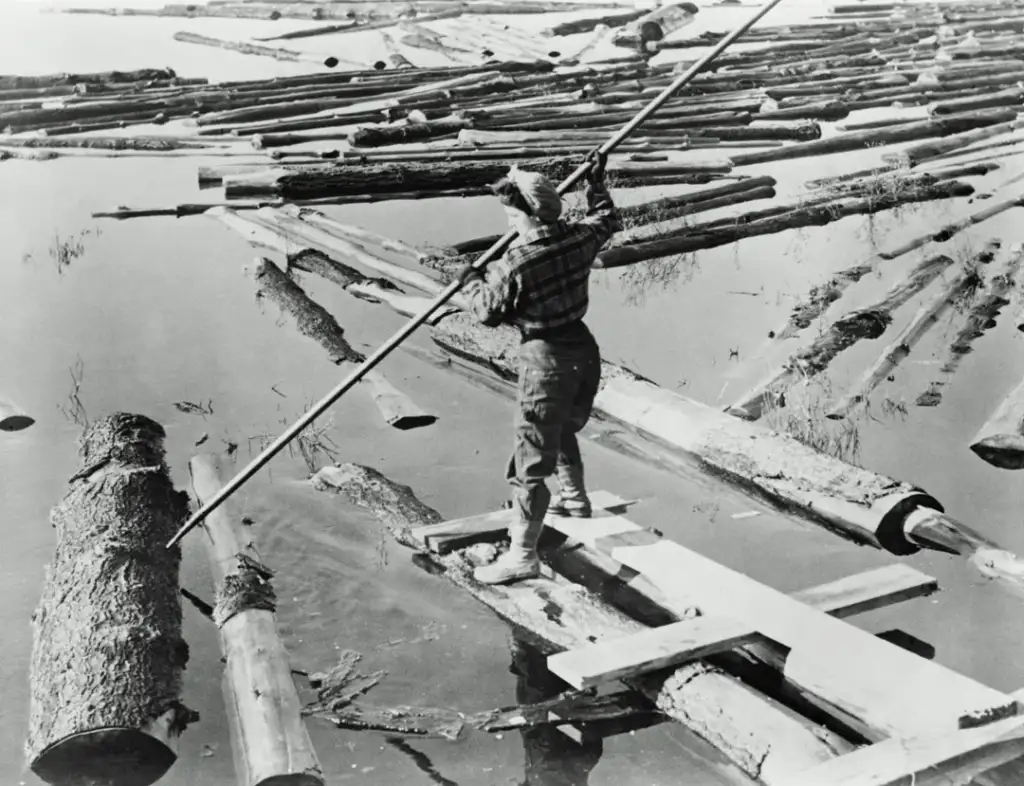 A person standing on a makeshift wooden raft navigates a river filled with floating logs using a long pole. The individual is wearing a plaid shirt and cap, balancing carefully on the raft amidst a lumber-filled river landscape.