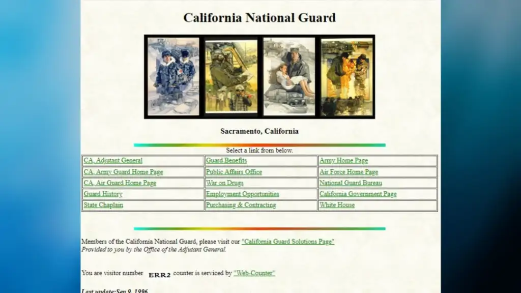 A webpage for the California National Guard featuring four images of soldiers in different uniforms at the top. Below, there's text with links to various sections, such as Adjutant General, Army Home Page, and Office of the Adjutant General.