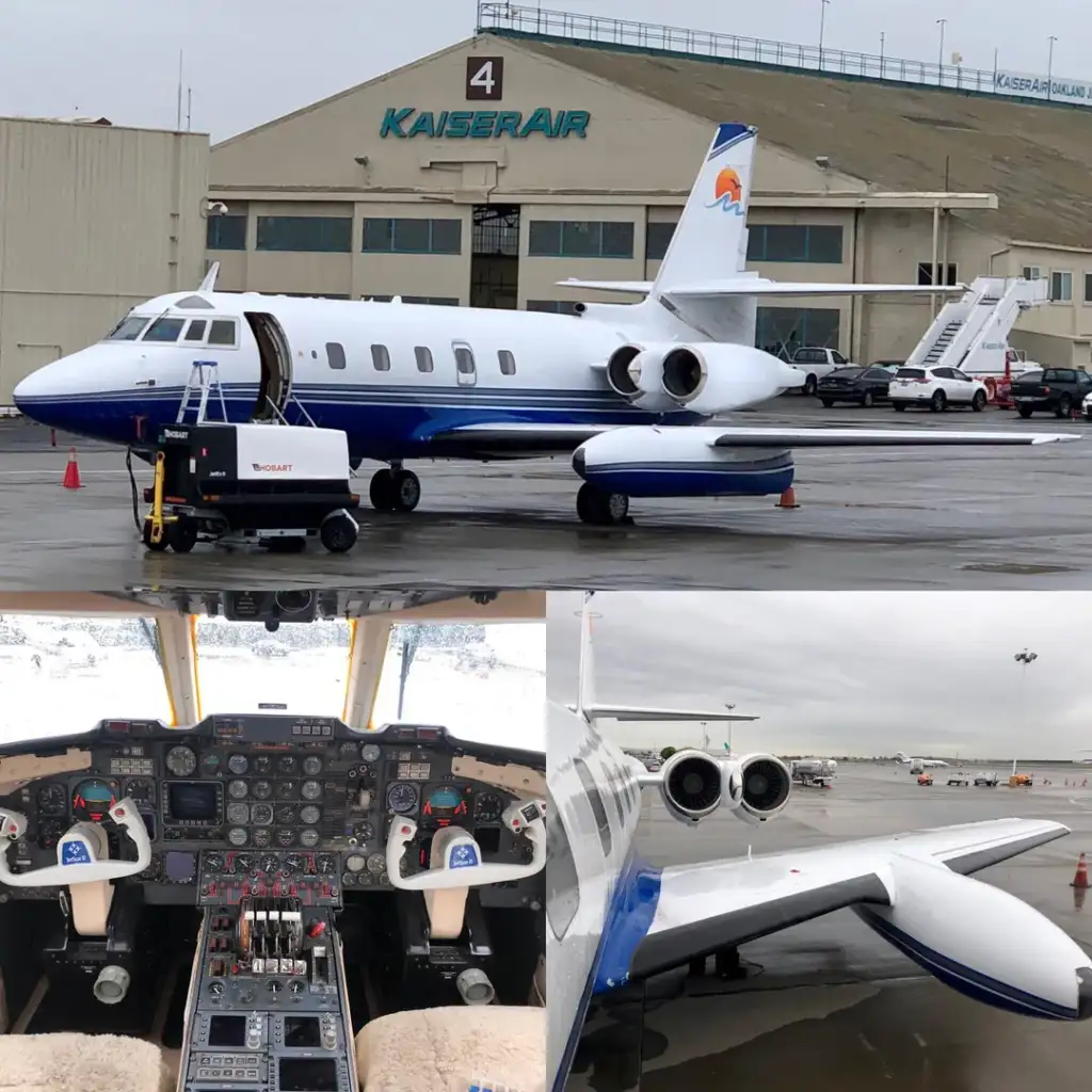 Collage of three images: Top shows a blue and white private jet on a tarmac near a KaiserAir hangar. Bottom left displays the jet's cockpit filled with controls and instruments. Bottom right highlights the jet's wing and engines against a cloudy sky.