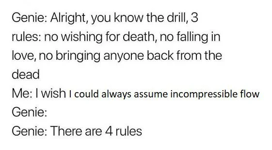 Text conversation: Genie: "Alright, you know the drill, 3 rules: no wishing for death, no falling in love, no bringing anyone back from the dead." Me: "I wish I could always assume incompressible flow." Genie: "There are 4 rules.