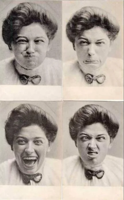 A black and white photo collage of a person with four different facial expressions: pouting, scrunching the nose, laughing, and making a funny face. The person has short, styled hair and is wearing a bowtie.