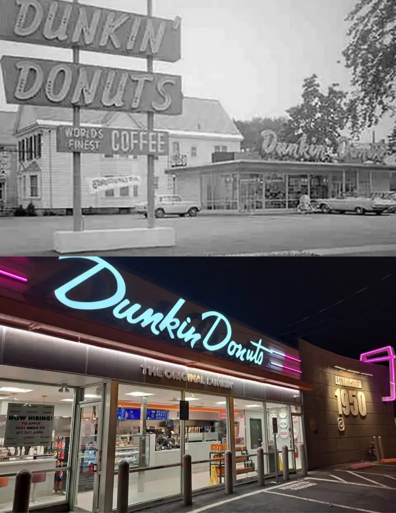 A black and white photo of a vintage Dunkin' Donuts store with an old sign above, and below it, a modern Dunkin' Donuts store at night with neon signage and a lit-up sign marking the establishment year as 1950.