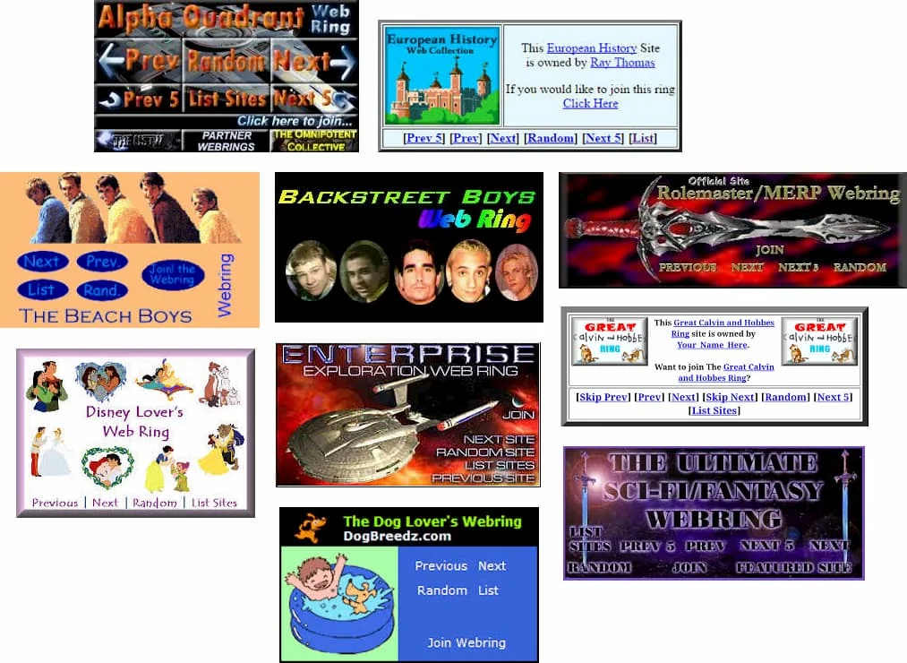 A collage of nine colorful web ring banners for various fan groups and interests, including music bands like The Beach Boys and Backstreet Boys, European history, Enterprise, Disney, dogs, and scholarly pursuits. Each features navigation links.