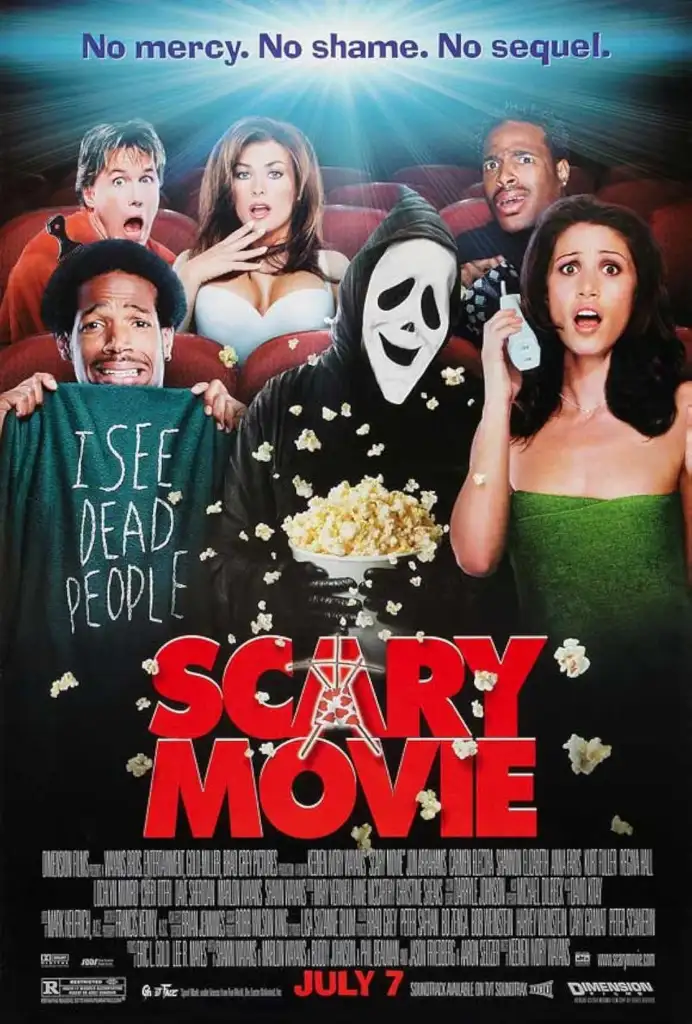 A comedic movie poster featuring a group of terrified people in a theater. A ghost mask-wearing figure holds popcorn. One person wears a shirt saying, "I see dead people." The title "Scary Movie" and release date "July 7" are prominently displayed.