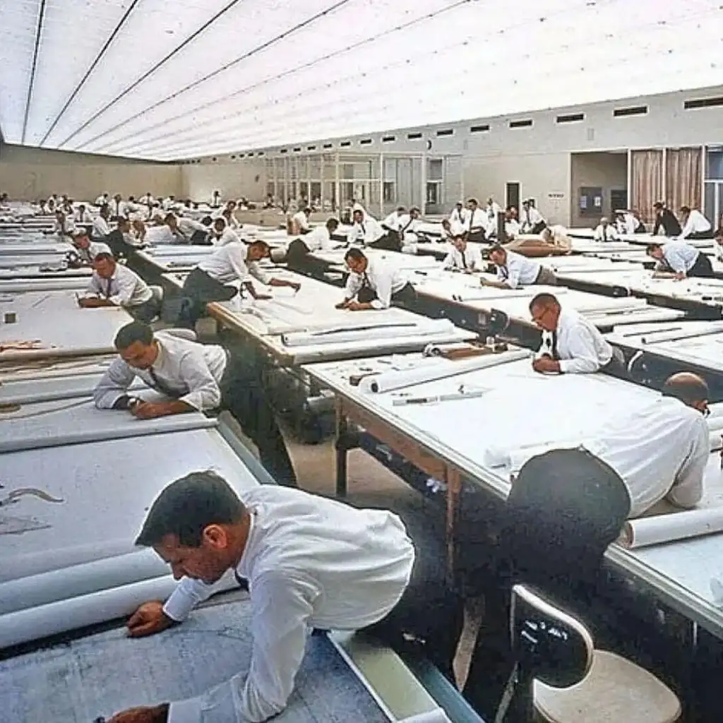 A large room filled with men in white shirts and ties focused on drafting designs at long tables. Each person is working with large rolls of paper and drafting tools, suggesting a mid-20th century engineering or architectural setting.