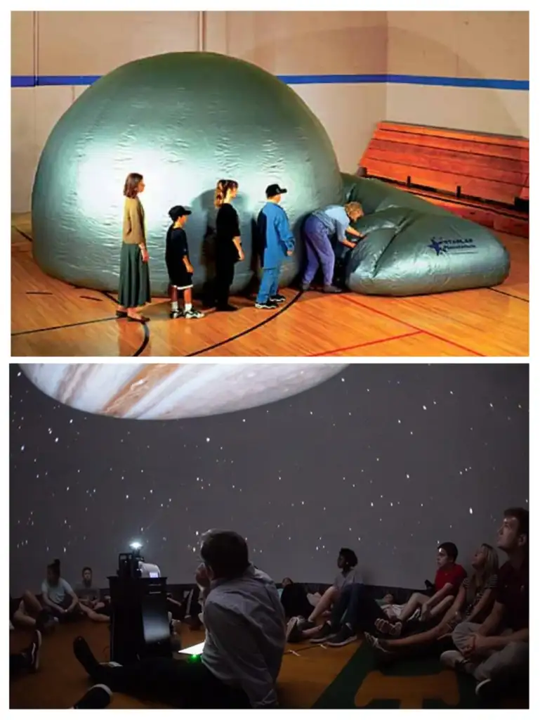 Top image: People entering a large, silver, inflatable dome in a gym. Bottom image: Inside the dome, a group of people sit on the floor, watching a projection of Jupiter and stars on the ceiling. A person operates equipment in the center.