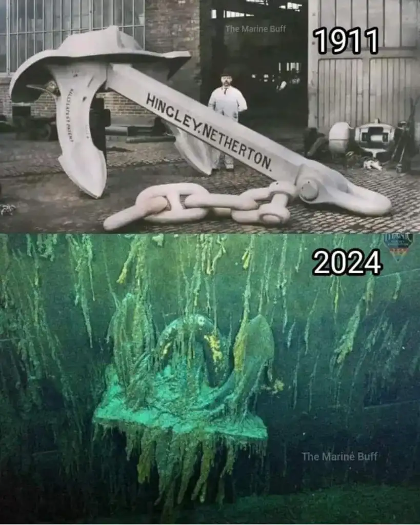 Top: A person stands beside a large anchor labeled "HINCLEY.NETHERTON" in 1911. Bottom: The same anchor is shown underwater, covered in marine growth and rust, in 2024.