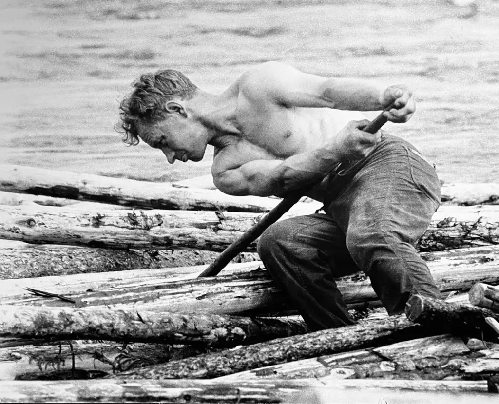 A shirtless man balances on logs while using a pole to maneuver through a river. His posture shows exertion as he manages the logs, muscles tensed. The scene is dynamic, capturing the essence of hard, manual labor against a natural backdrop.