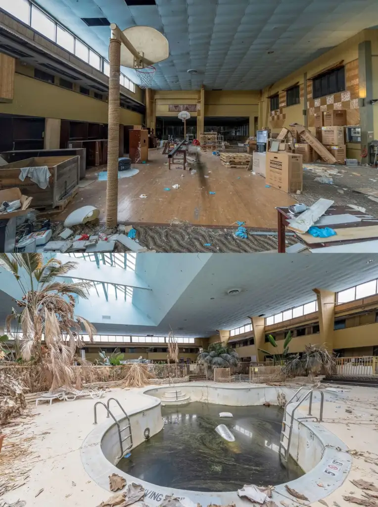 Top: Abandoned gym with debris, scattered objects, and a broken basketball hoop. Bottom: Derelict indoor pool area, water covered in debris, surrounded by dead plants and littered floor. Both spaces show signs of neglect and decay.