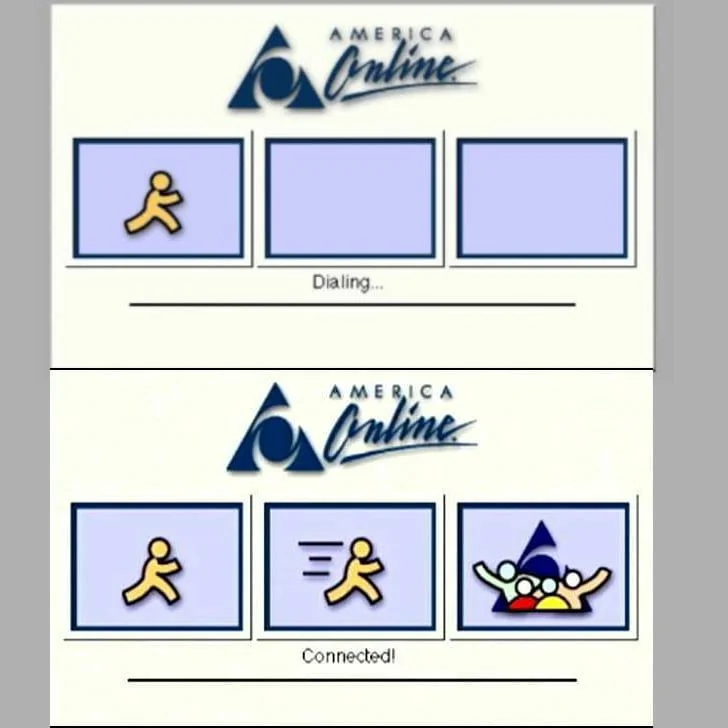 A two-panel comic featuring America Online's classic dial-up interface. The top panel shows "Dialing..." with an AOL logo and running man icon. The bottom panel shows "Connected!" with the logo, running man, and colorful triangle design.