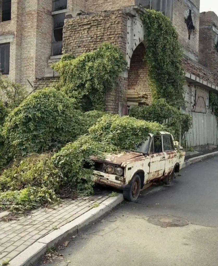 A rusted car is overgrown with green ivy next to an old brick building. The plants cover most of the vehicle and extend over the sidewalk. The scene suggests abandonment and nature reclaiming the urban space.