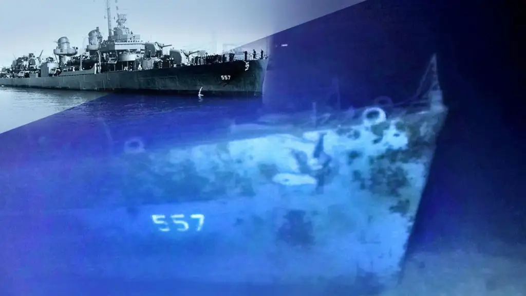 Composite image showing a black-and-white photo of a navy ship labeled "557" above water and a color photo of a partially submerged shipwreck with the same number, "557," on its hull, underwater in a blue-toned background.