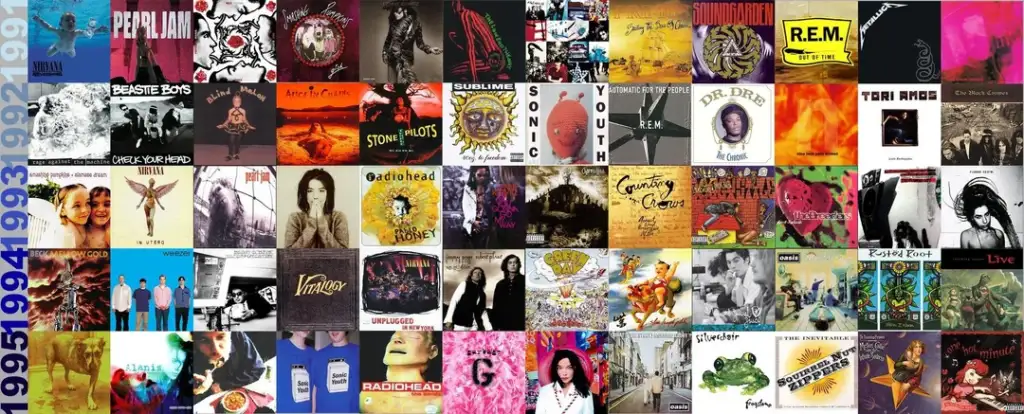 A collage of various 1990s album covers, featuring diverse styles and artists. Prominent covers include Nirvana, Pearl Jam, R.E.M., Beastie Boys, and Radiohead, among others. The years 1990 to 1999 are displayed vertically on the left.