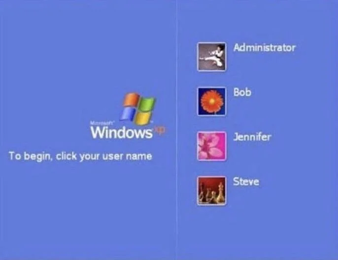 Windows XP login screen showing user options: Administrator, Bob (icon of an orange sun), Jennifer (icon of a pink flower), and Steve (icon of chess pieces). The text reads, "To begin, click your user name.