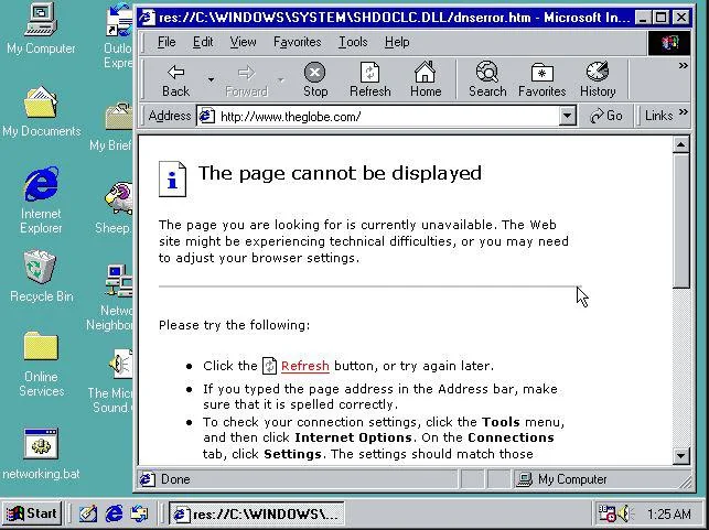 A screenshot of an old Windows operating system displaying an Internet Explorer window. The message reads, "The page cannot be displayed" due to technical issues. The desktop background features the My Documents and Recycle Bin icons.