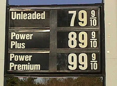 Gas station sign displaying prices: Unleaded at 79 and 9/10 cents, Power Plus at 89 and 9/10 cents, and Power Premium at 99 and 9/10 cents.