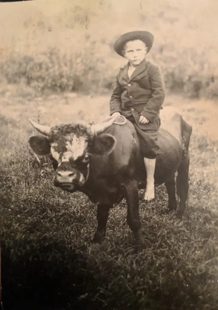 A sepia-toned vintage photo shows a young boy wearing a suit and hat, sitting barefoot on a bull in a grassy field. The background is blurred, emphasizing the rural setting and nostalgic atmosphere.