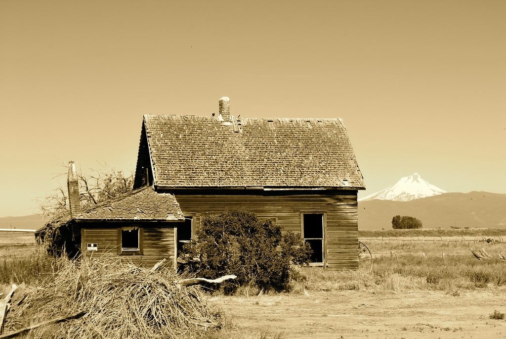 Sepia-toned image of an abandoned wooden house with a collapsed roof, surrounded by dry grass and scattered branches. A distant snow-capped mountain rises under a clear sky in the background.