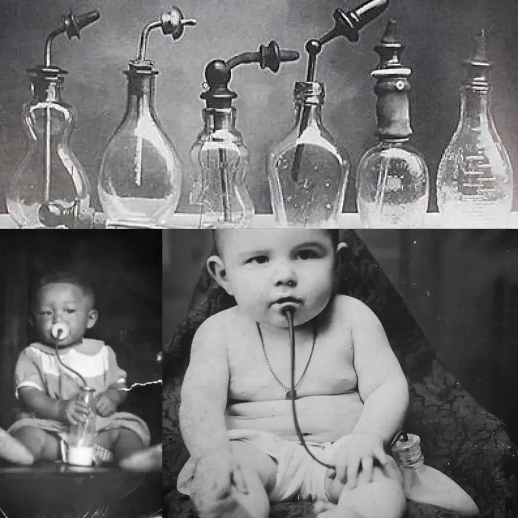 A vintage collage of baby nasal aspirators. Top: different glass bulb designs. Bottom: two babies using aspirators, each with tubes in their noses and bottles beside them. The image is in black and white.