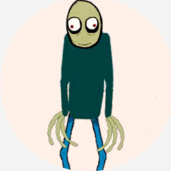 A quirky animated character with a green oval head, wide eyes, and a small smile, wears a dark green long-sleeve shirt and blue pants. Its elongated arms and legs end in thin, finger-like appendages.