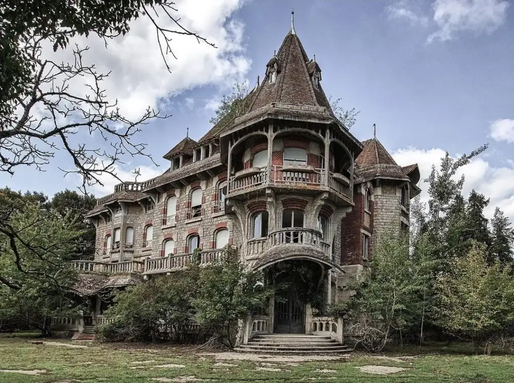 A large, abandoned mansion with multiple stories and a pointed tower. The building features arched windows, and balconies with stone railings. Surrounding overgrown trees and bushes add to its eerie, neglected appearance under a partly cloudy sky.