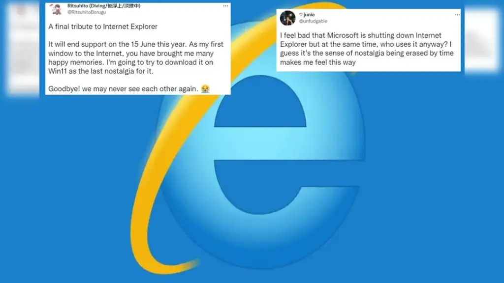 An image showing a large Internet Explorer logo with two tweets overlaying it. The tweets express nostalgia and farewells to Internet Explorer on the occasion of its shutdown.