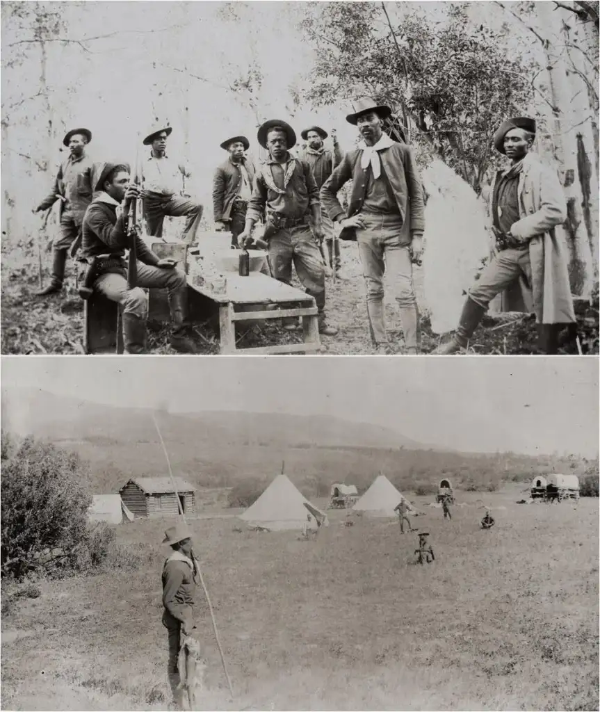 Top image: Group of soldiers in vintage military attire, gathered around a table in a wooded area. Bottom image: Soldiers in an open field with tents, cabins, and a wagon, set against a hilly backdrop.