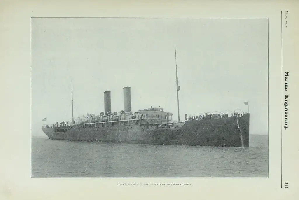 Vintage photo of the steamship China from the Pacific Mail Steamship Company, seen at sea with two tall smokestacks and passengers on deck. The image is titled and part of a marine engineering publication from May 1907.