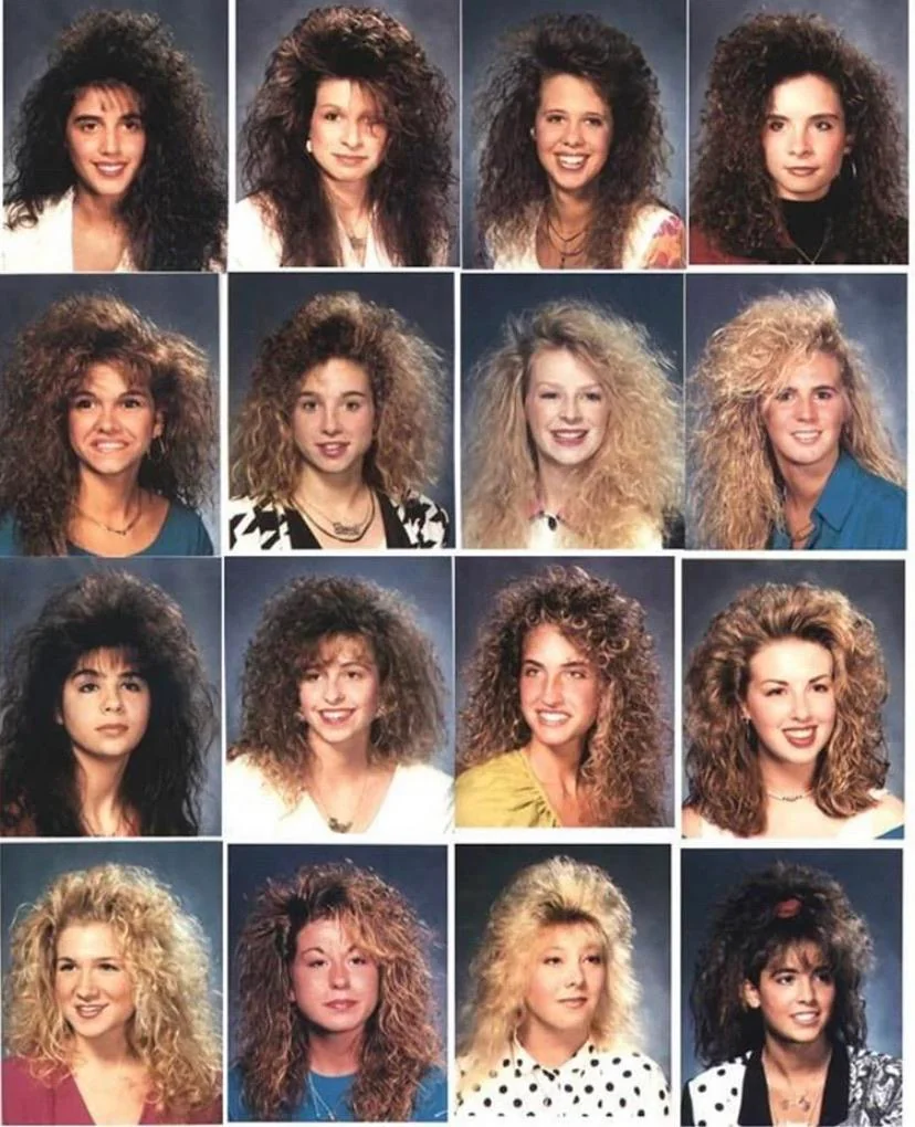 A collage of sixteen vintage photos showcasing women with distinct, voluminous hairstyles from the late 1980s to early 1990s. The images display a variety of big, curly, and teased hair in diverse styles and colors typical of that era.