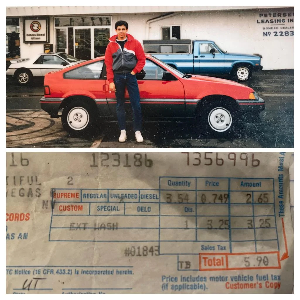 A person in a red jacket stands in front of a red car parked outdoors, with a building and a blue truck in the background. Below, a receipt shows charges for unleaded gas, car wash, and a total of $5.90.