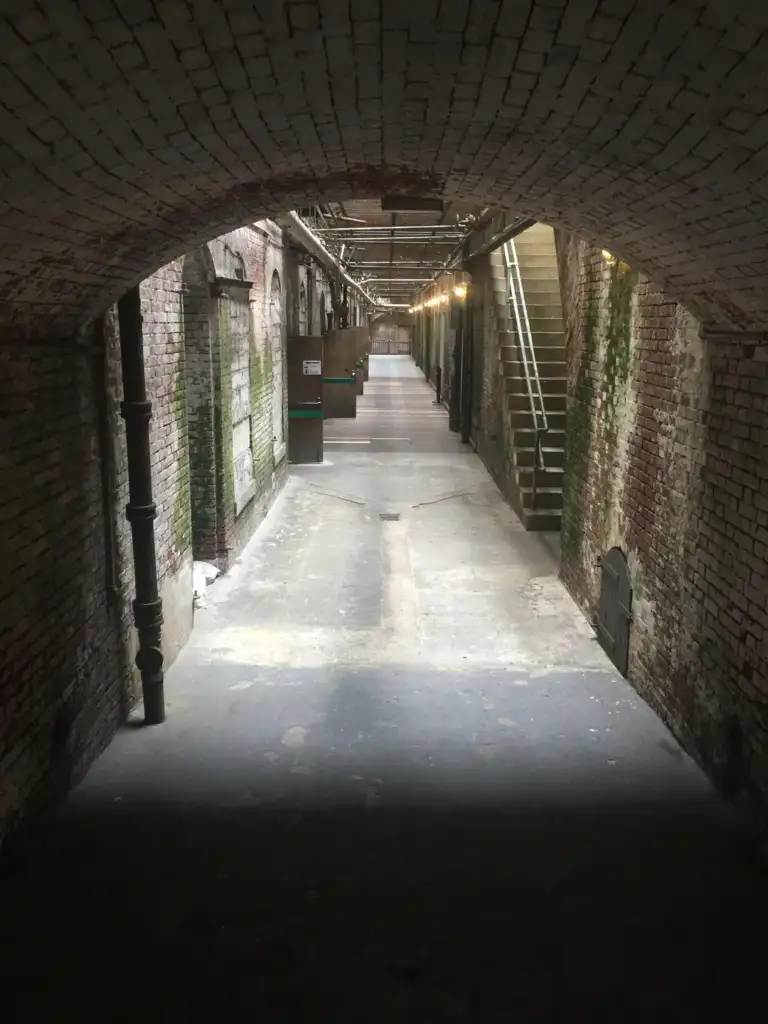 View of a narrow, dimly lit underground passage with brick walls and a curved brick ceiling. The corridor features metal stairs on the right and a series of hanging lights leading to the distance. The walls have patches of moss and age.