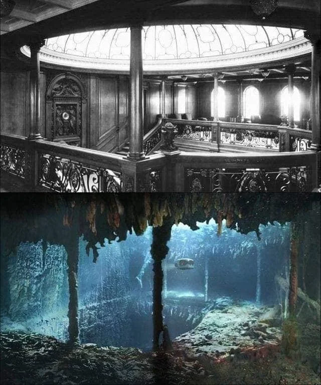 A split image showing the Titanic's grand staircase. The top half is a black-and-white photo of the staircase in its original state. The bottom half shows the decayed remains underwater, with beams and debris visible.